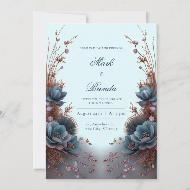Convite Teal Blue Modern Symmetrical Botanical Wedding (Frente)
