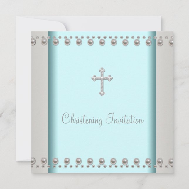 Convite Teal Blue Pearl Cross Baby Baptism Christening (Frente)