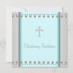 Convite Teal Blue Pearl Cross Baby Baptism Christening