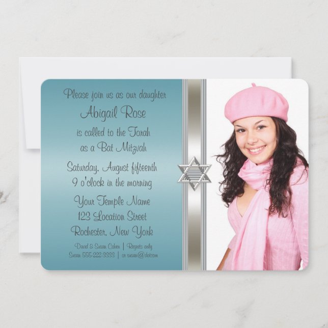 Convite Teal Blue Photo Bat Mitzvah (Frente)