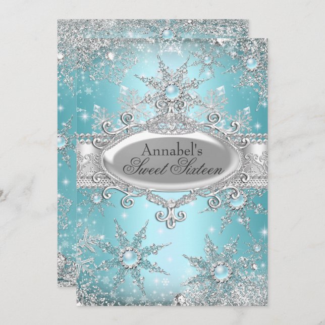 Convite Teal Blue Princess Winter Wonderland Sweet 16 (Frente/Verso)