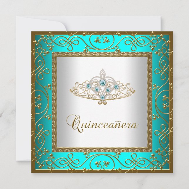 Convite Teal Blue Quinceanera Dourada Tiara (Frente)