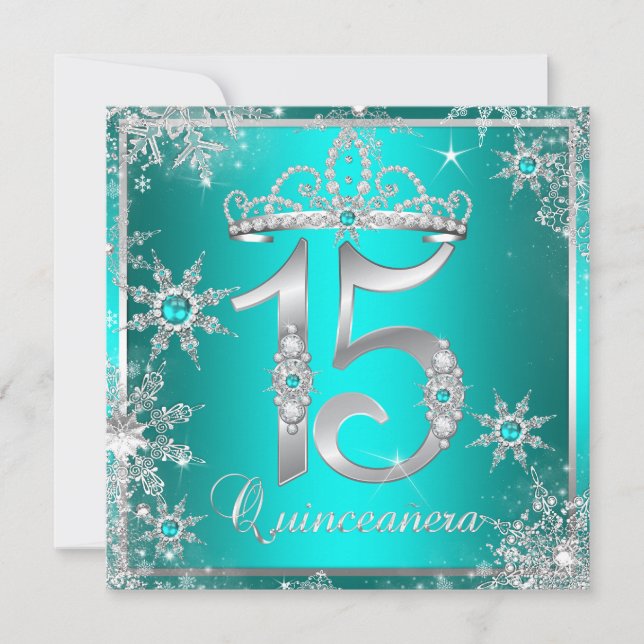 Convite Teal Blue Quinceanera Winter Wonderland Snowflake (Frente)