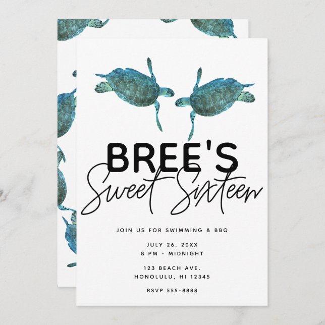 Convite Teal Blue Sea Turtles Ocean Beach Sweet 16 Parte I (Frente/Verso)