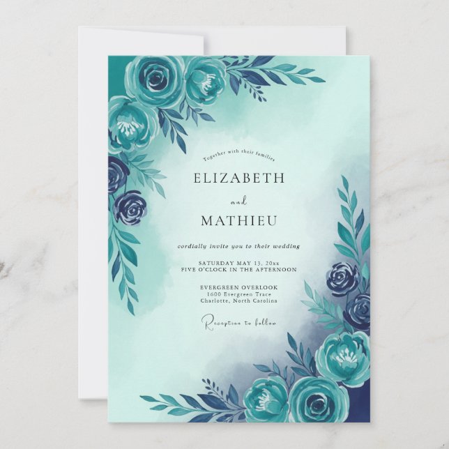 Convite Teal Blue Serene Botanical Wedding (Frente)
