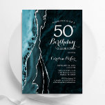 Convite Teal Blue Silver Agate 50º Aniversário<br><div class="desc">Azul lacrimogêneo e prata agam 50º convite de aniversário. Elegante design moderno, com cor aquática turquesa agate marble geode background, faux glitter prata e script de tipografia. Trendy convida o cartão perfeito para uma comemoração de dia das mulheres na moda. Impressos convites Zazzle ou modelo de impressão digital instantânea para...</div>