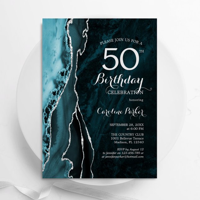 Convite Teal Blue Silver Agate 50º Aniversário (Criador carregado)
