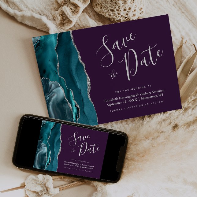 Convite Teal Blue Silver Agate Purple Save the Date Card (Criador carregado)