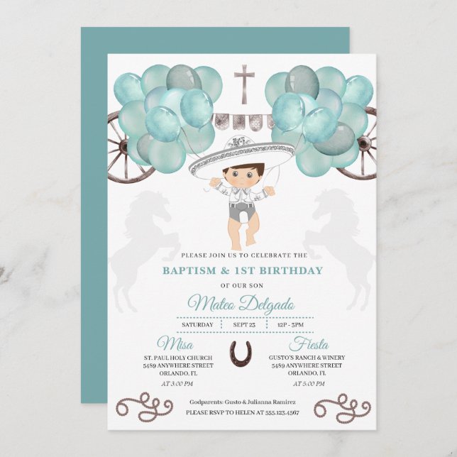 Convite Teal Blue & Silver Boy Charro Baptism (Frente/Verso)