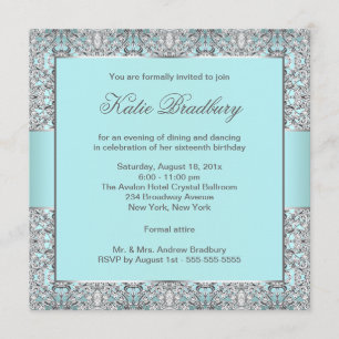 Convite Teal Blue Silver Lace Classet Sweet 16 Party