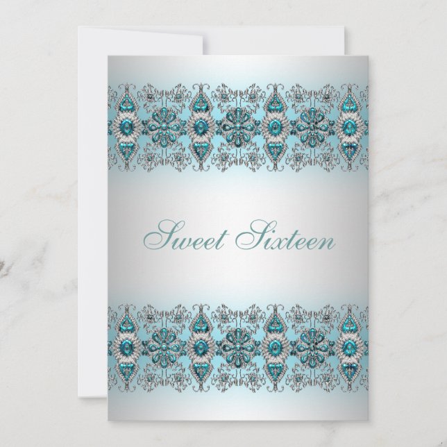 Convite Teal Blue Silver Lace Sweet Sixteen (Frente)
