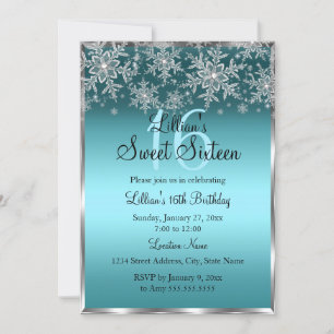 Convite Teal Blue Silver Snowflake Sweet 16