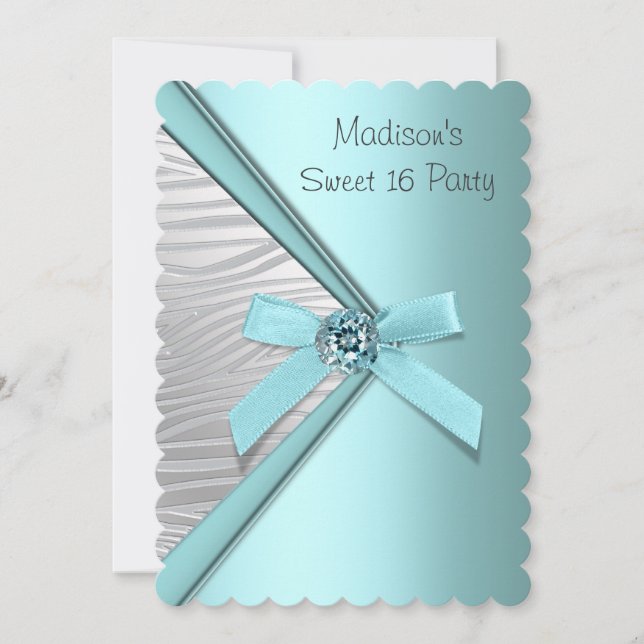 Convite Teal Blue Silver Zebra Sweet 16 Party (Frente)