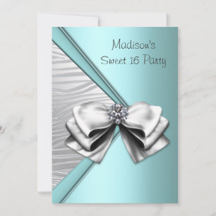 Convite Teal Blue Silver Zebra Sweet 16 Party