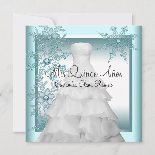 Convite Teal Blue Snowflake Winter Wonderland Quinceanera (Frente)