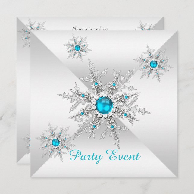 Convite Teal Blue Snowflakes Winter Wonderland Party (Frente/Verso)