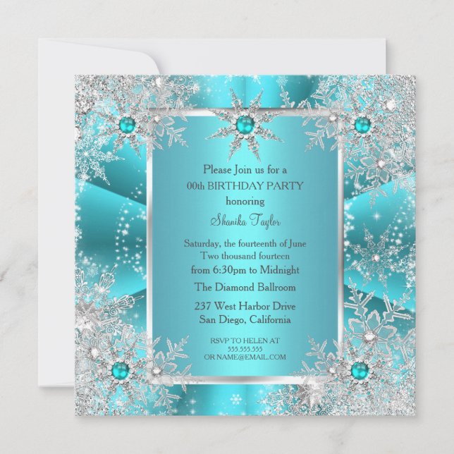 Convite Teal Blue Snowflaver Silver Winter Wonderland 2 (Frente)