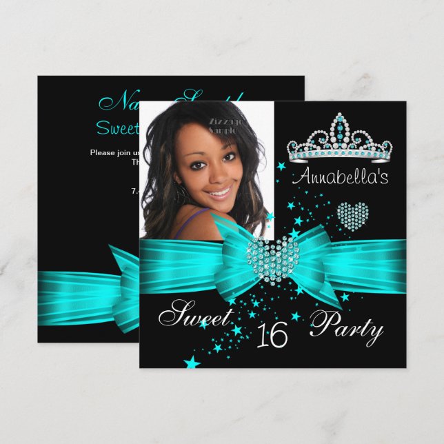 Convite Teal Blue Sweet 16 Aniversário Diamond Tiara Foto (Frente/Verso)