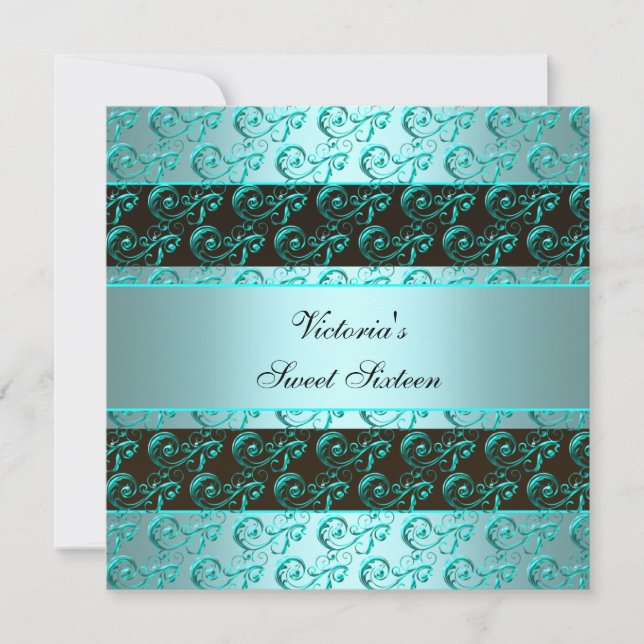 Convite Teal Blue Swirls Elegante Doce Dezesseis (Frente)