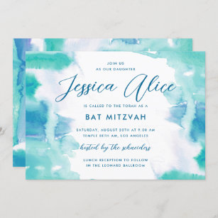 Convite Teal Blue Watercolor Tie Bat Mitzvah