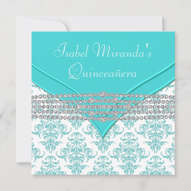 Convite Teal Blue White Damask Diamond Quinceanera (Frente)