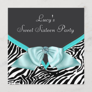 Convite Teal Blue Zebra Sweet 16 Festa de aniversário