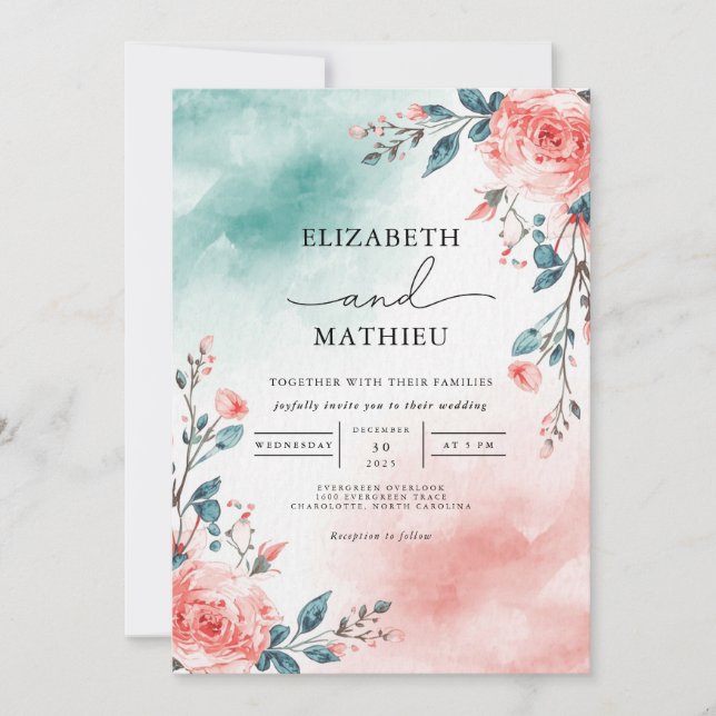 Convite Teal Blush Floral Romance Wedding (Frente)