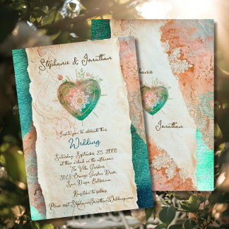 Convite Teal Blush Lace Heart Baroque Romance Wedding