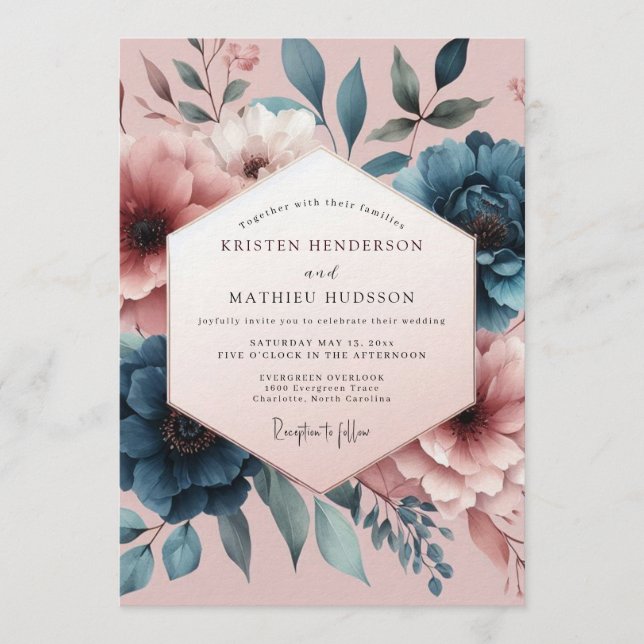 Convite Teal Blush Painterly Bloom Wedding (Frente)