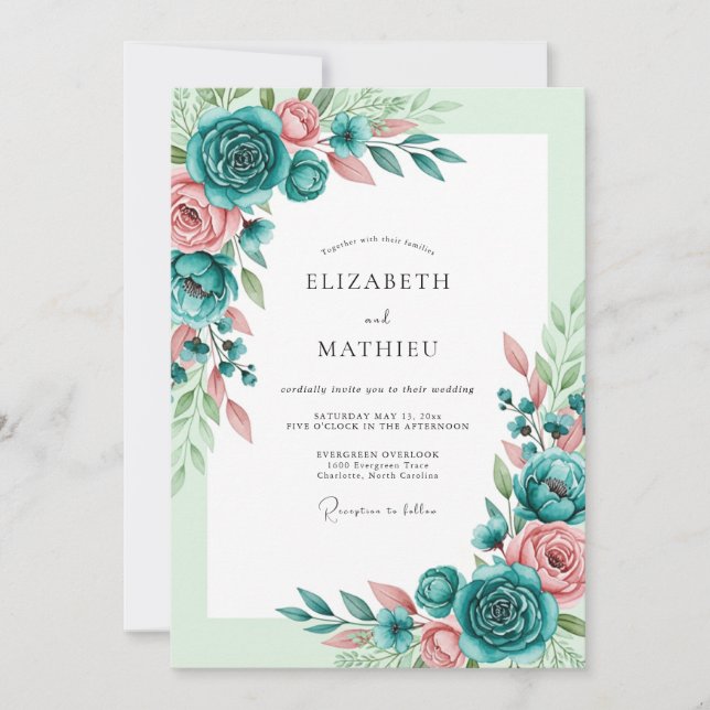 Convite Teal Blush Romantic Spring Wedding (Frente)