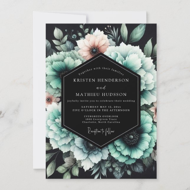 Convite Teal & Blush Shadowy Bloom Wedding (Frente)