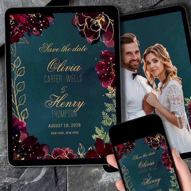 Convite Teal Bordeaux Jewel Tone Foto Salvar Data 3 (Criador carregado)