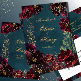 Convite Teal Bordeaux Jewel Tones Casamento Salvar Data