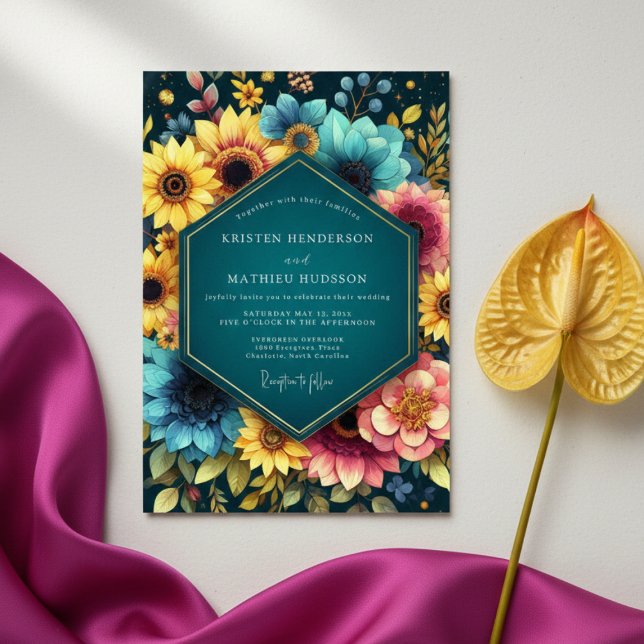 Convite Teal Botanical Bloom Wedding (Criador carregado)