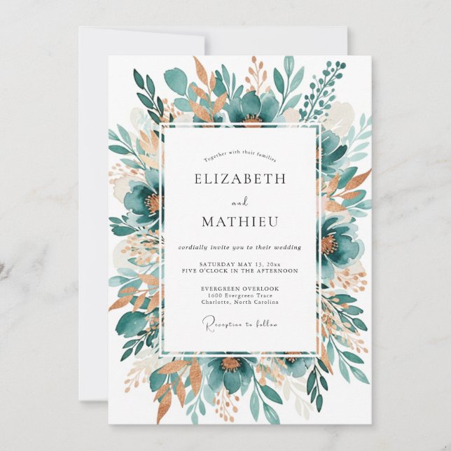 Convite Teal Botanical Bloom Wedding (Frente)
