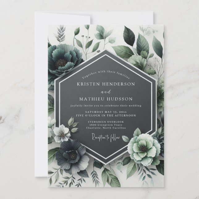 Convite Teal Botanical Bloom Wedding (Frente)