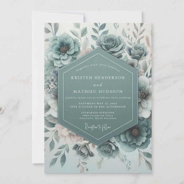Convite Teal Botanical Bloom Wedding (Frente)