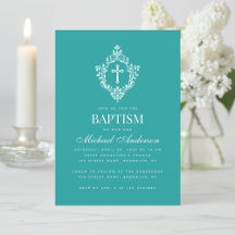 Teal Boy Baptism Cross in Crest Vintage Elegant 