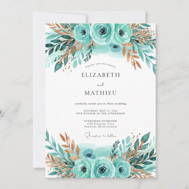 Convite Teal Bronze Lustrous Winter Wedding (Frente)
