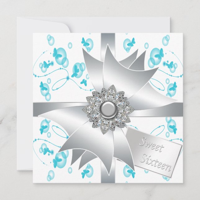 Convite Teal Bubbles Butterflies Doce 16 Partido (Frente)