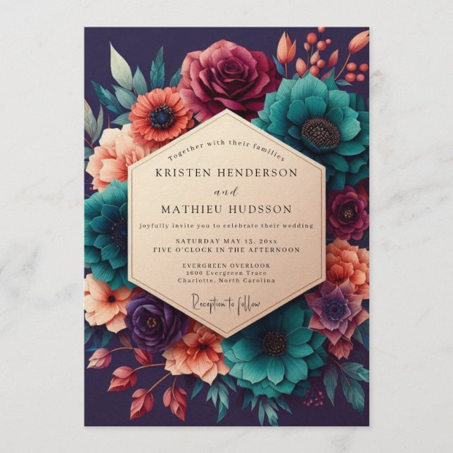 Convite Teal & Burgundy Decadent Floral Wedding (Frente)