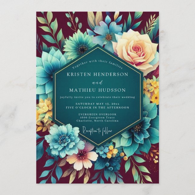 Convite Teal & Burgundy Lush Botanical Wedding (Frente)