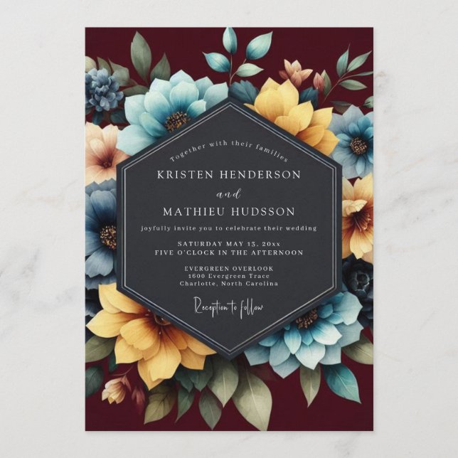 Convite Teal & Burgundy Painterly Bloom Wedding (Frente)