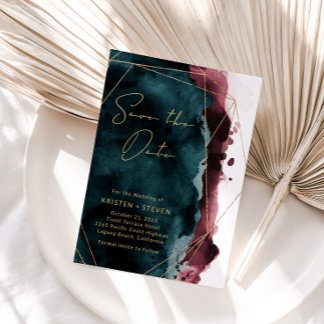 Convite Teal & Burgundy Watercolor Salvar Data