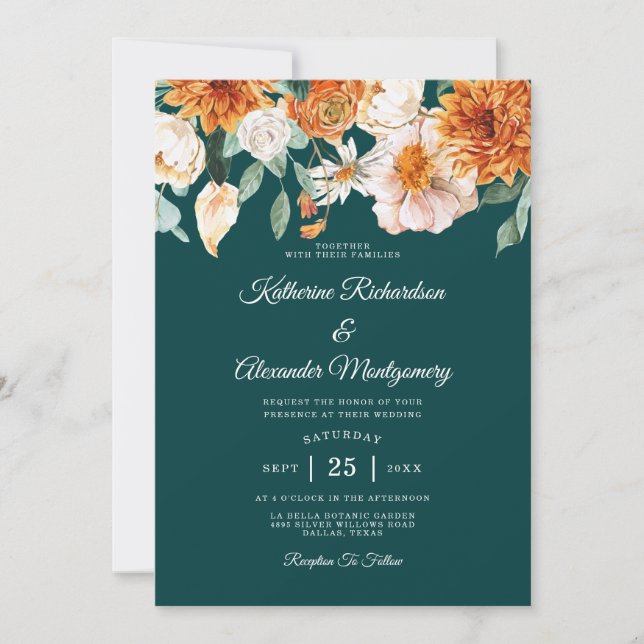 Convite Teal Burnt Orange Elegant Casamento outono Floral (Frente)