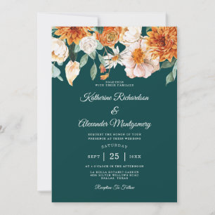 Convite Teal Burnt Orange Elegant Casamento outono Floral