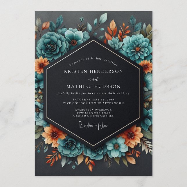 Convite Teal Burnt Orange Moody Wedding (Frente)