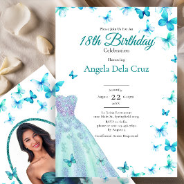 Convite Teal Butterflies And Dress 18th Birthday Debut