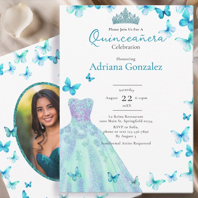 Convite Teal Butterflies Dress Tiara Photo Quinceanera (Criador carregado)