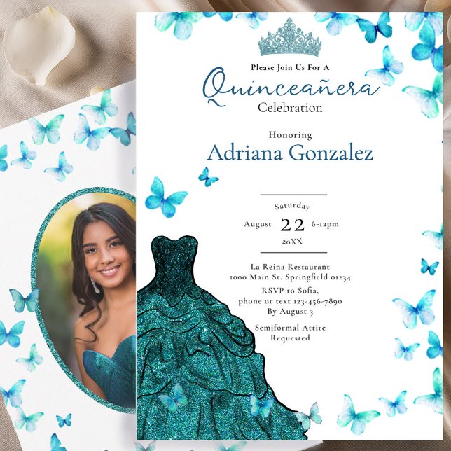 Convite Teal Butterflies Dress Tiara Photo Quinceanera (Criador carregado)